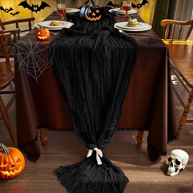 IVAPUPU 6 Pcs Cheesecloth Halloween Table Runner - 10ft Black Boho Gauze Black Cheese Cloth Table Runners for Halloween Decor Indoor Baby Shower Decoration Wedding Party Summer Garden Farmhouse