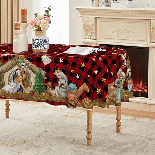 Horaldaily Christmas Tablecloth 60×84 Inch Oval, Holy Nativity Red Buffalo Plaid Washable Table Cover for Party Picnic Dinner Decor