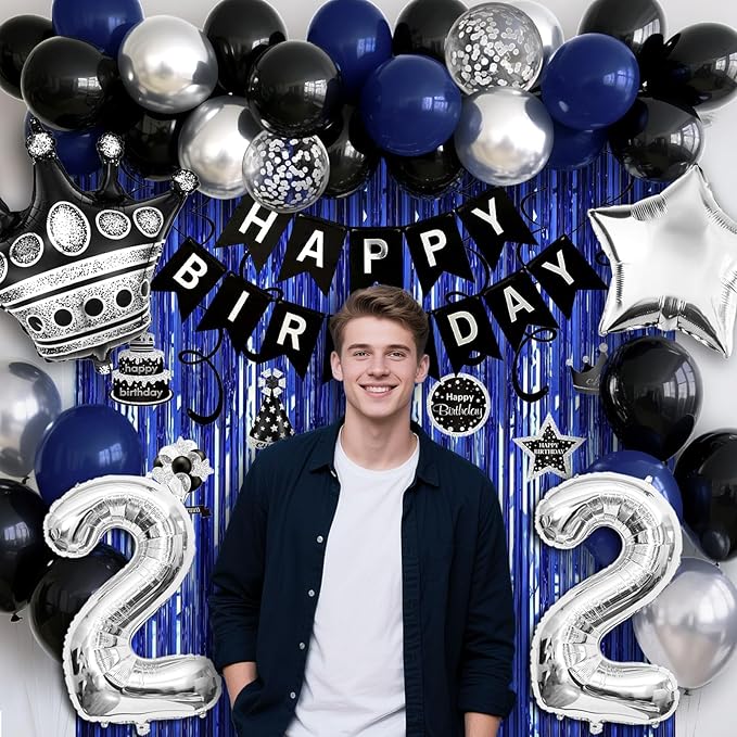22nd Birthday Decorations for Men and Women, Black Blue Silver Happy Birthday Number 22 Balloons, Banner, Fringe Curtains Garland Kit - 22 Year Old Party Supplies