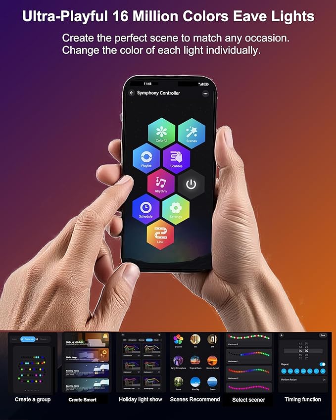 Permanent Outdoor String Lights, 50ft RGBW+IC Smart LED Eaves Lights Waterproof IP67, App & Remote Control, Multi-Colored DIY Scene Lighting for Halloween Christmas House Year-Round Decor