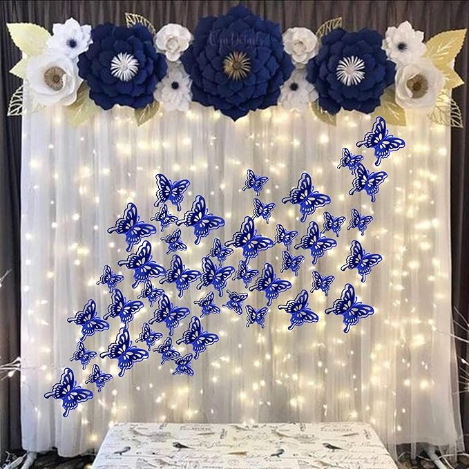 40 PCS Deep Blue Lively 3D Butterfly Cupcake Toppers Hollow Art Butterfly Cake Topper Decorations for Baby Shower Wedding Anniversary Kids Birthday Party Supplies Mixed Size