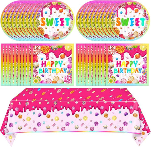 41 Pcs Candyland Party Decorations Candy Themed Party Tableware Set Include Candy Disposable Paper Plates Napkins Tablecloths,for Baby Shower Boys Girls Birthday Party Decorations Supplies,Serves 20