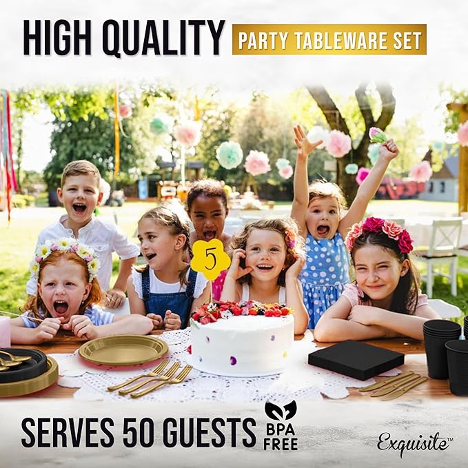 Party Solids 350 Pieces Black & Gold Plastic Plates For Party, Black & Gold Disposable Plates Set, 50 Of Each 9" Dinner Plate Set, 7" Dessert Plate, Cups, Napkins & Cutlery Plastic Dinnerware