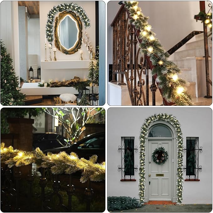 3 Pack Pre Lit Snow Flocked Christmas Garland 5.9 ft Artificial Christmas Garland with Warm White LED Light and Timer Frosted Faux Pine Winter Garlands for Home Indoor Outdoor Mantel Seasonal Decor