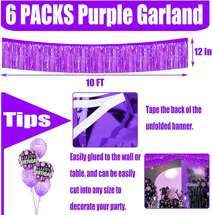 6 Pack 10 Feet Foil Fringe Garland Metallic Tinsel Streamers Banner Wall Hanging Curtain Backdrop for Parade Floats, Bachelorette, Wedding, Birthday, Halloween, Christmas Party Decorations(Purple)