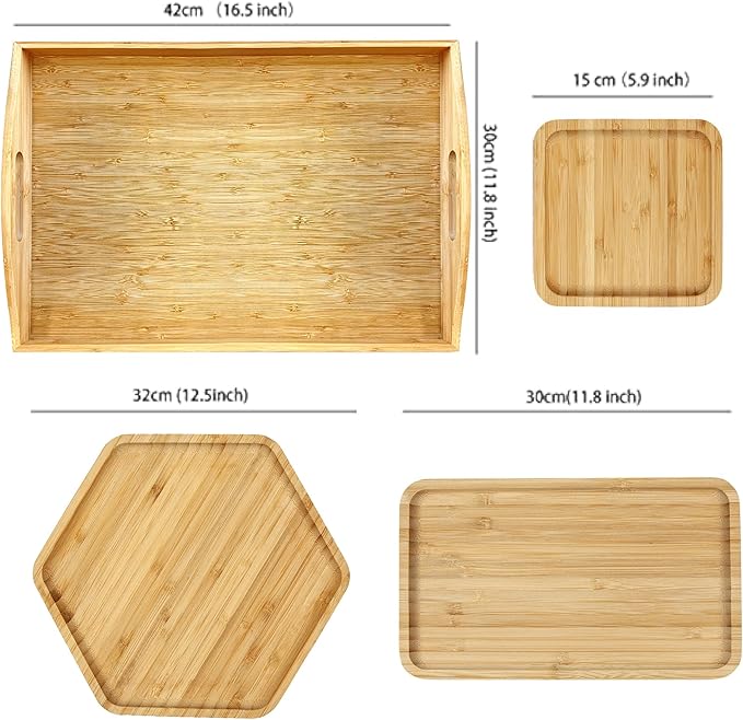 Bamboo Serving Trays 16.5"x11.8"（42x30cm with Handle, Set Includes 1xHexagon 12.5"(32cm)+1xRectangle 9.8"(25cm)*5.9"(15cm)+1xSquare 5.9"(15cm) Dinner Plates Cheese Cutting Board