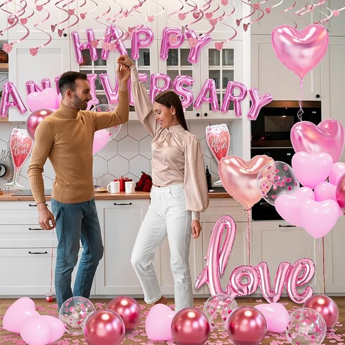 Pink Valentine's Day Balloons Kit With Happy Anniversary Banner - Heart Balloons for Decorations and Anniversary
