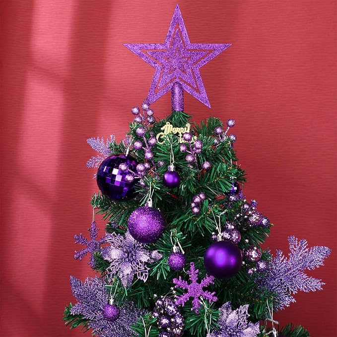 Sratte 94 Pcs Christmas Tree Decorations Set, Christmas Tree Ball Ornaments Glitter Poinsettia Flowers Decorations Glitter Berries Stems for Xmas Holiday Wedding(Purple)