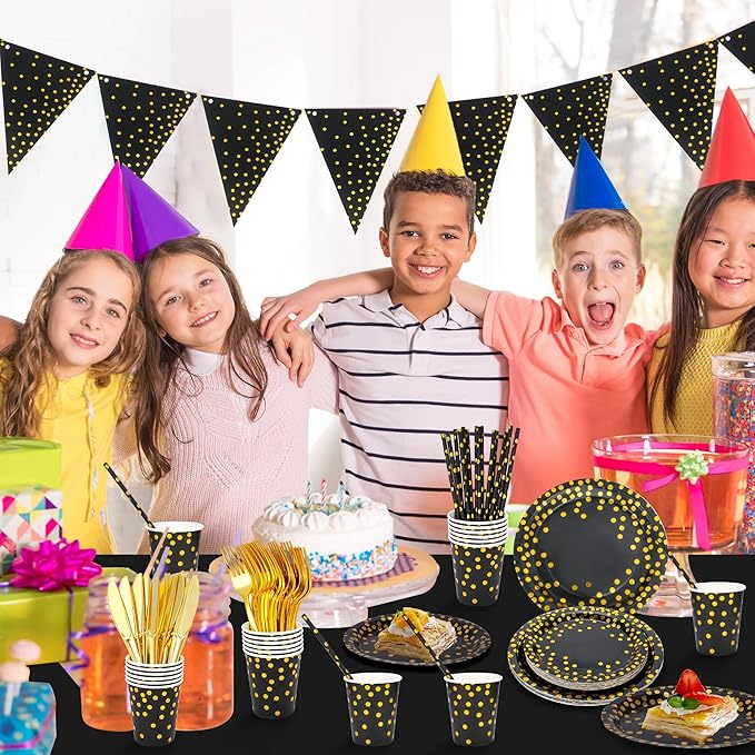 Sylken 186 Pieces Black and Gold Party Tableware Set - 25 Guests Paper Plates, Napkins,Paper Cups, and Tableware for Wedding Shower,graduations,cocktail parties,New Year Party,Birthday etc.