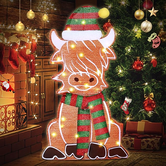 DomKom 28" 2D Flat Lighted Highland Cow Christmas Decor, 2-Piece Pre-Lit LED Scottish Cow with Scarf and Hat Indoor/Outdoor Plug-in Holiday Yard Display