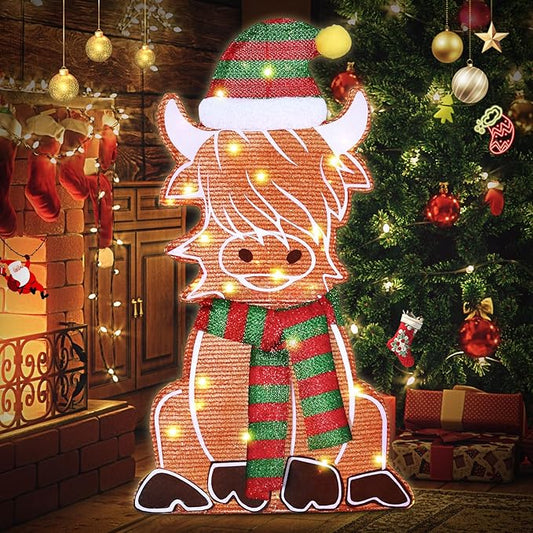 DomKom 28" 2D Flat Lighted Highland Cow Christmas Decor, 2-Piece Pre-Lit LED Scottish Cow with Scarf and Hat Indoor/Outdoor Plug-in Holiday Yard Display