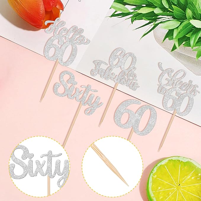 30PCS Happy 60th Birthday Cupcake Toppers Glitter Hello 60 Fabulous Sixty Cheers to 60 Years Old Birthday Cupcake Picks for Happy 60th Birthday Anniversary Party Cake Decorations Supplies Silver
