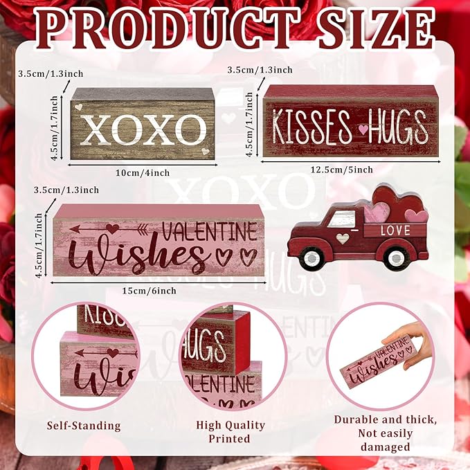 4 Pcs Valentine's Day Table Decoration Wooden Heart Truck Decor Valentine Tiered Tray Decor Valentine's Day Centerpiece Rustic Decorative Truck Block Sign Farmhouse for Home Kitchen Shelf