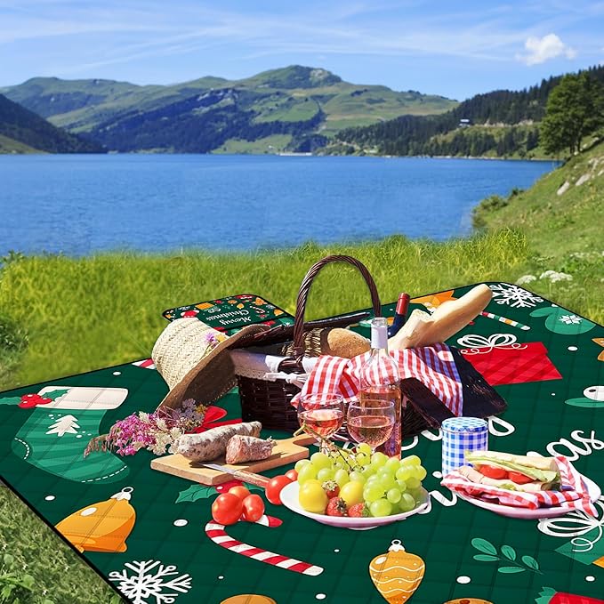 Poedist Extra Large Christmas Picnic Blanket Waterproof,80"x 80"Foldable Machine Washable Beach Blanket,Outdoor Blanket for 6-8 Adults,Suitable for Crawling,Park Beach,Camping,Hiking,Family