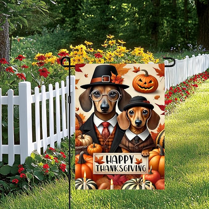 Happy Thanksgiving Dachshund Garden Flag 12x18 Inch Outdoor Flag Double Sided Fall Yard Banner with Dogs Pumpkins and Autumn Leaves for Porch Lawn Patio