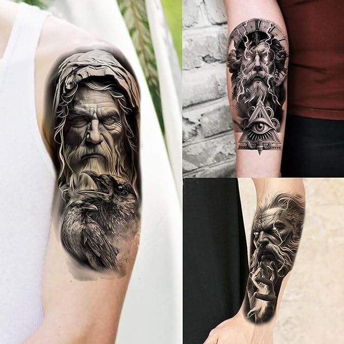 74 Sheets Black King Of The Greek God Zeus Temporary Tattoos For Women Men Adults Mythology, Poseidon Trident Halloween Fake Tattoo Stickers Compass Tribal Eye Totem, Temp Gothic Tattoo Lightning Bolt