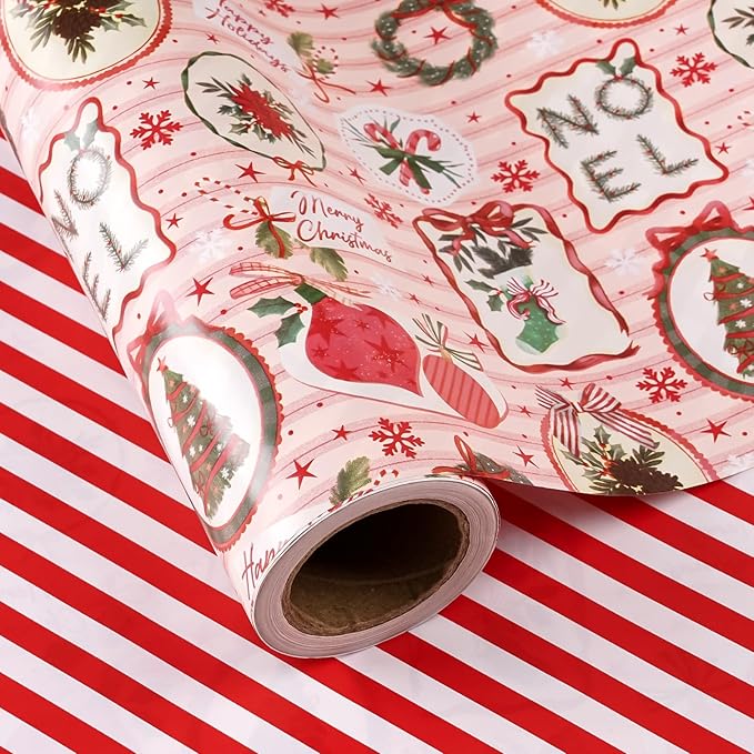 WRAPAHOLIC 30 Inch Jumbo Reversible Christmas Wrapping Paper - 30 Inch x 33 Feet - Pink & Red Classic Christmas Decor and Stripes Wrapping Paper for Xmas Holiday, Party Celebration