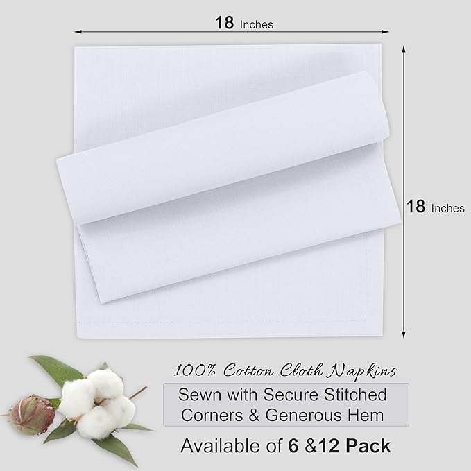 Ruvanti Cloth Napkins Set of 6, 18x18 Inches, 100% Cotton, Washable, Soft & Absorbent, Perfect for Wedding, Christmas, ‎Thanksgiving Dinners - White