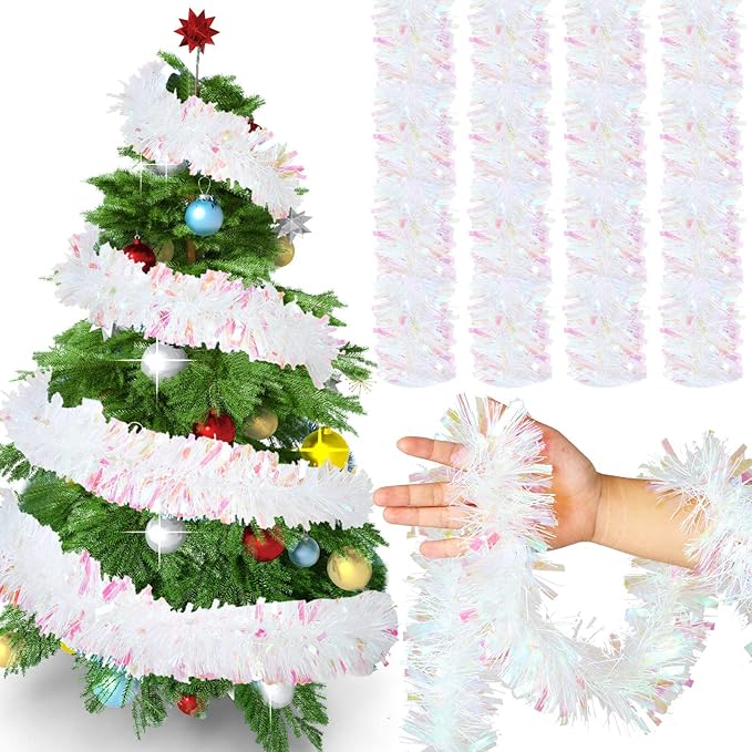 Dilunave 40 Feet Christmas Tinsel Garland Metallic Foil Twist Tinsel Garland Decoration for Christmas Tree, Wedding, Birthday and Party Hanging Decorations(White)