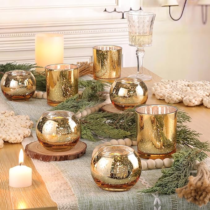 Volens 30pcs Assorted Gold Votive Candle Holders Bulk, Large Gold Wedding Centerpieces for Tables, Mercury Glass Votive & Tealight Candle Holders for Party Decorations and Home Decor