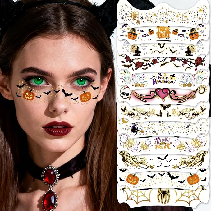 12pcs Halloween Glitter Freckles Face Tattoos Makeup Patches with Pumpkin, Bat, Spider, Witch, Skull, Love Heart, Flowers Design, Face Temporary Tattoos for Adults Kids Rave Accessories