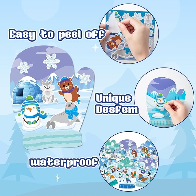CY2SIDE 12 Set Polar Animal Glove Scene Sticker Art Craft for Kids, Make A Winter Glove Scene with Polar Animal Sticker, DIY Winter Holiday Party Games for School Classroom Activities