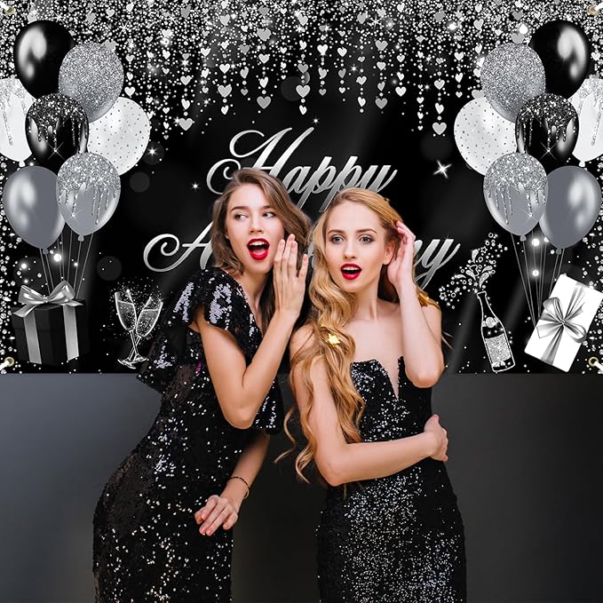 Avezano Happy Anniversary Banner Glitter Happy Anniversary Decorations for Wedding Bridal Shower Party Decorations 70.8 x 43.3 Inch (Black and Silver)