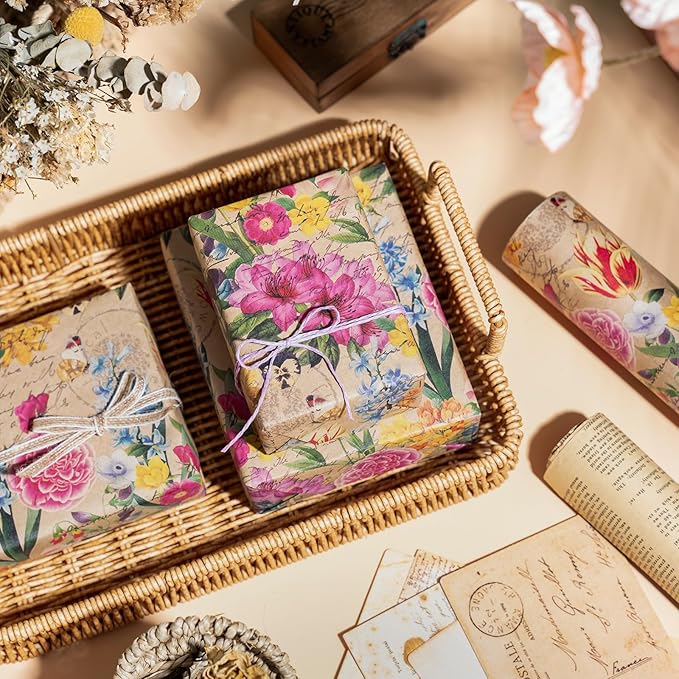 WRAPAHOLIC Kraft Floral Wrapping Paper Roll - Mini Roll - 17 Inch x 9.8 Feet - All Occasion Vintage Flower Wrapping Paper for Wedding Bridal Shower Birthday