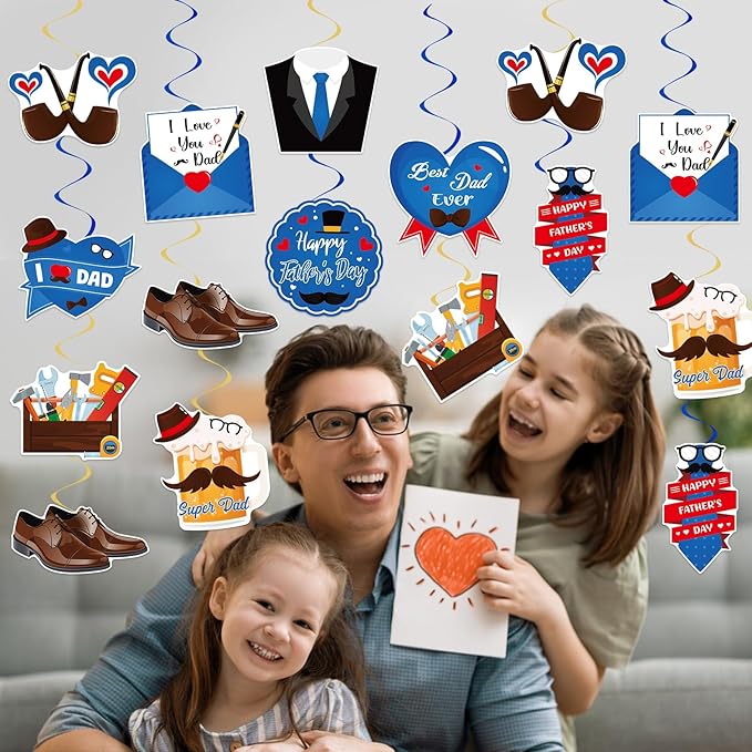 40Pcs Father's Day Decorations Hanging Swirls, Double Sided Happy Father’s Day Hanging Ceiling Decor Best Dad Ever Foil Hanging Swirl for Fathers Day Party Decorations