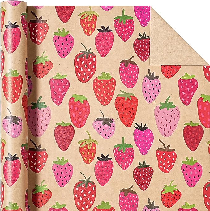 WRAPAHOLIC Kraft Strawberry Wrapping Paper Roll - Mini Roll - 17 Inch x 16.5 Feet - Sweet Strawberry Fruits Wrapping Paper for Summer, Birthday, Wedding, Bridal Shower