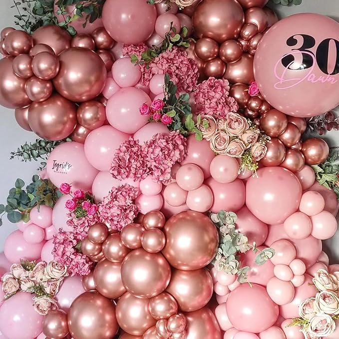 Rose Gold Balloons 113PCS, Different Sizes Metallic Rose Gold Helium Latex Balloon Garland Arch Kit 18/12/10/5 Inch Chrome Gold Rose Balloons Party Decorations for Birthday Anniversary Wedding Decor