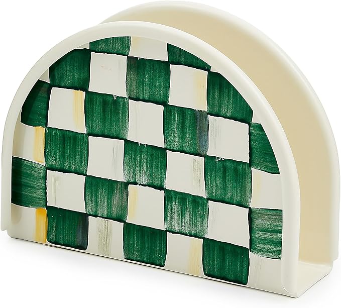 MACKENZIE-CHILDS Enamel Napkin Holder, Kitchen Napkin Holder for Table and Countertop, Green-and-White Emerald Check