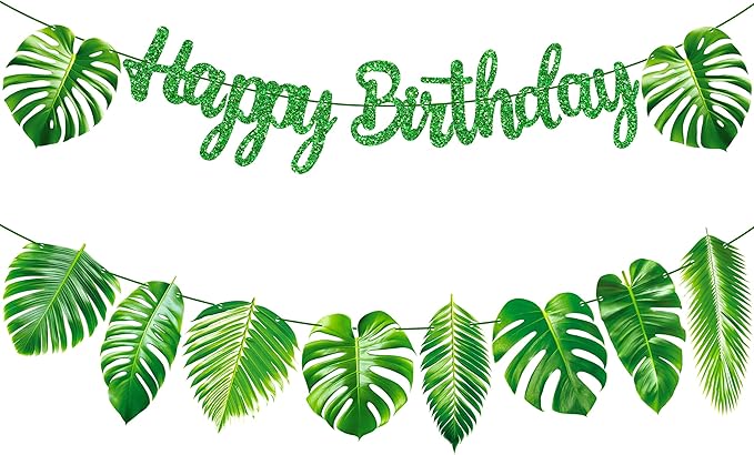 Tropical Birthday Decorations Green Palm Leaf Happy Birthday Banners Hawaiian Luau Birthday Decorations for Summer Theme Birthday Party Jungle Baby Shower Supplies