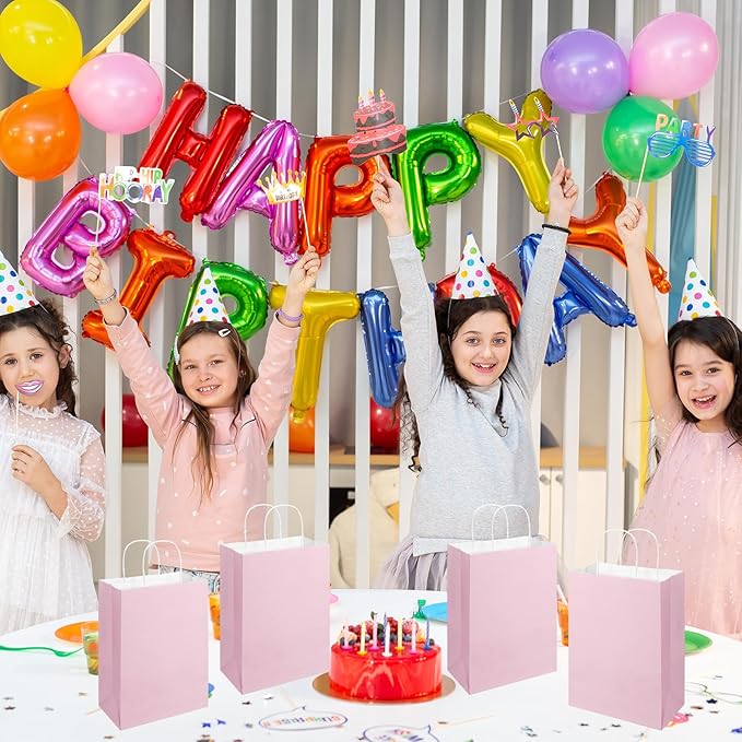 SUNEE Gift Bags with Handles 8x4.3x10.7, 100 Pcs Paper Bags Medium Size Bulk for Gift Wrapping, Retail, Party Favors and Small Business - Pink