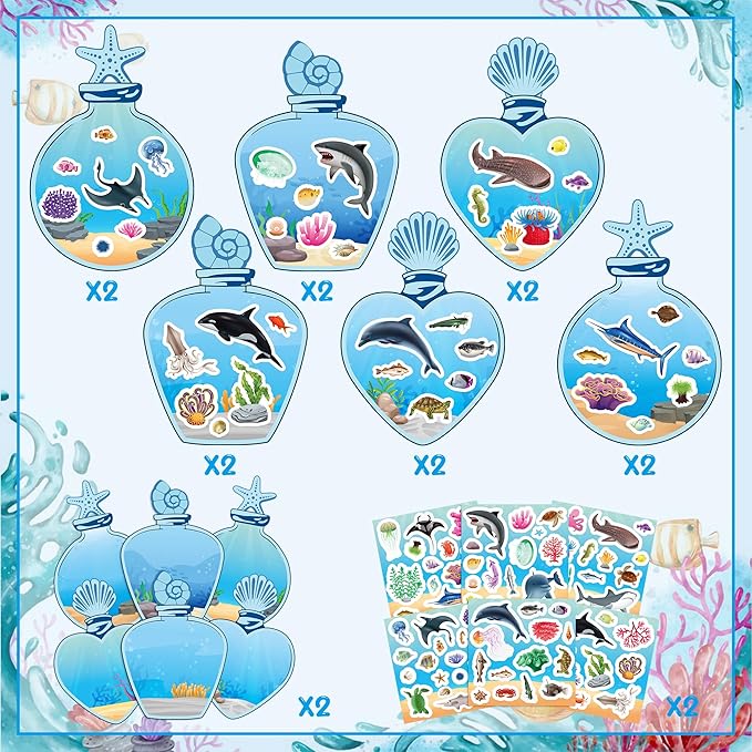 CY2SIDE Sea Animal Scene Stickers - 12PCS Under The Sea Scene Stickers Art Craft for Kids Make Your Own Ocean Animal Sticker DIY Summer Party Games for Classroom Activities for Classroom Reward