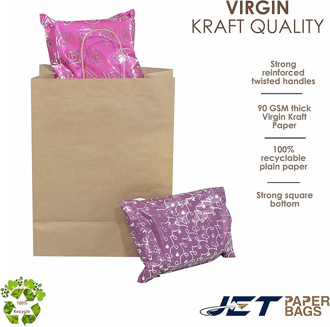 JET PAPER BAGS - 13”x7”x17” Inch [100 Pcs] Large Brown Paper Bags with Handles Prime for Takeout, Grocery, Goody, Retail, Party, Gifts, Weddings
