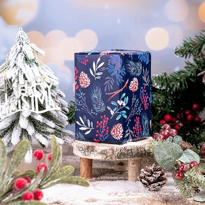 WRAPAHOLIC 30 Inch Christmas Wrapping Paper Roll - Jumbo Roll Red, Green, Gold Bird, Christmas Garland, Holly and Pinecones with Metallic Foil Shine Design - 4 Rolls - 30 Inch x 120 Inch Per Roll