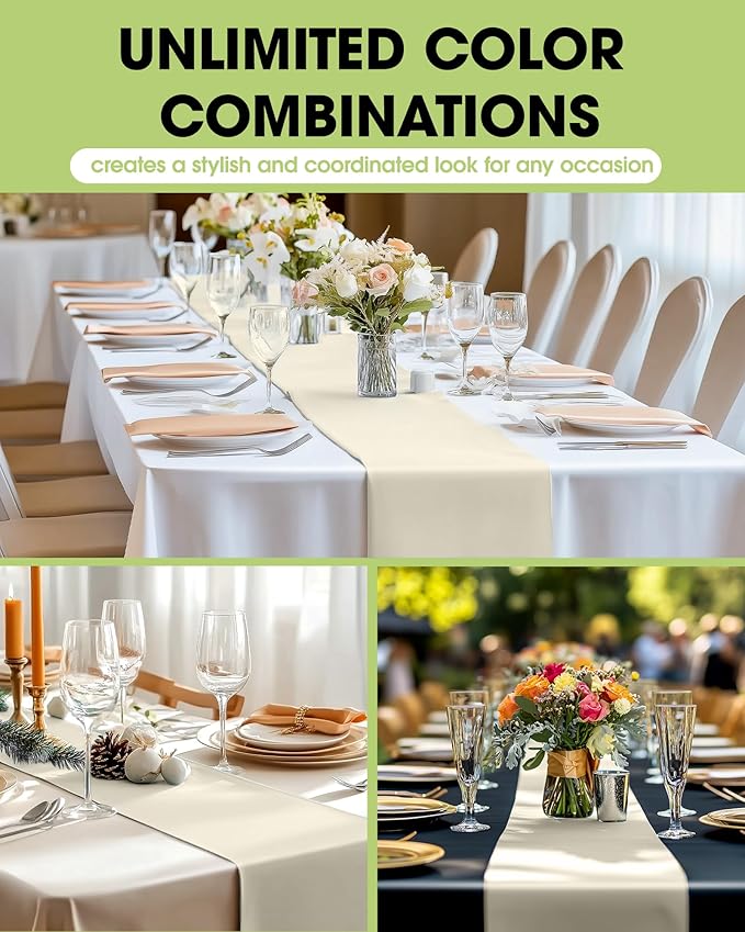Pureegg Ivory Plastic Table Runners - 12 Pack, 14'' x 108'', Water Resistant & Disposable Cream Centerpiece Decorations for Table Cloth, Wedding, Birthday, Holiday, Baby Shower, Beige Home Decor