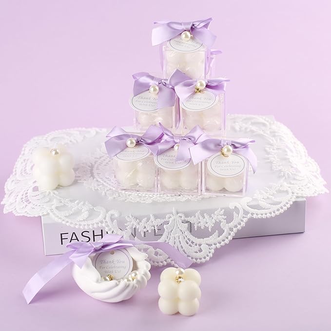 20 Pcs Small Bubble Candles Elegant Party Favors Bulk Set with Decorative Ribbons Thank You Cards for Bridal Shower Guest Gifts (20, Purple)