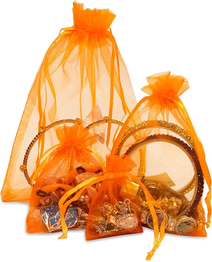 TheDisplayGuys 48-Pack 3x4 Orange Sheer Organza Gift Bags with Drawstring, Jewelry Candy Treat Wedding Party Favors Mesh Pouch