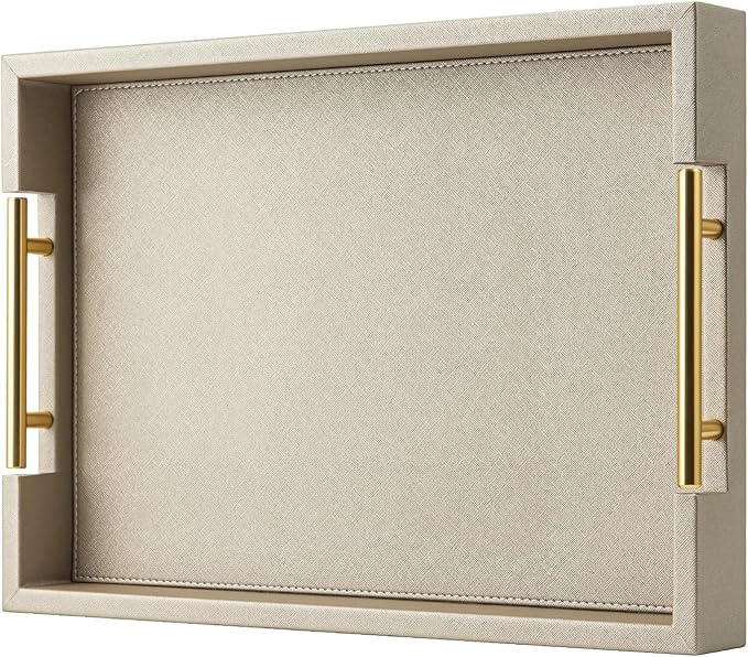 Champagne Faux Leather Serving Tray with Handles,17x12 inches, Large Decorative Tray for Ottoman Coffee Table Decor Living Room, Kitchen, Bathroom