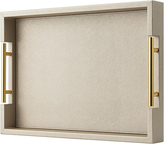 Champagne Faux Leather Serving Tray with Handles,17x12 inches, Large Decorative Tray for Ottoman Coffee Table Decor Living Room, Kitchen, Bathroom