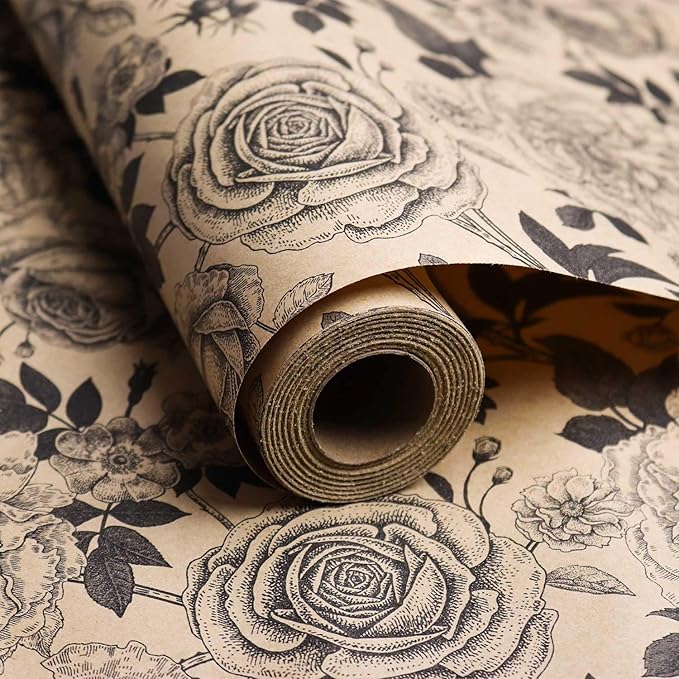 YXTII Kraft Floral Wrapping Paper, Gift Wrap with Cut Lines, Vintage Black Floral Design for Birthday, Wedding, Valentines, Christmas, Bridal Shower, Baby Shower, 17 Inches x 9.8 Feet, Mini Roll