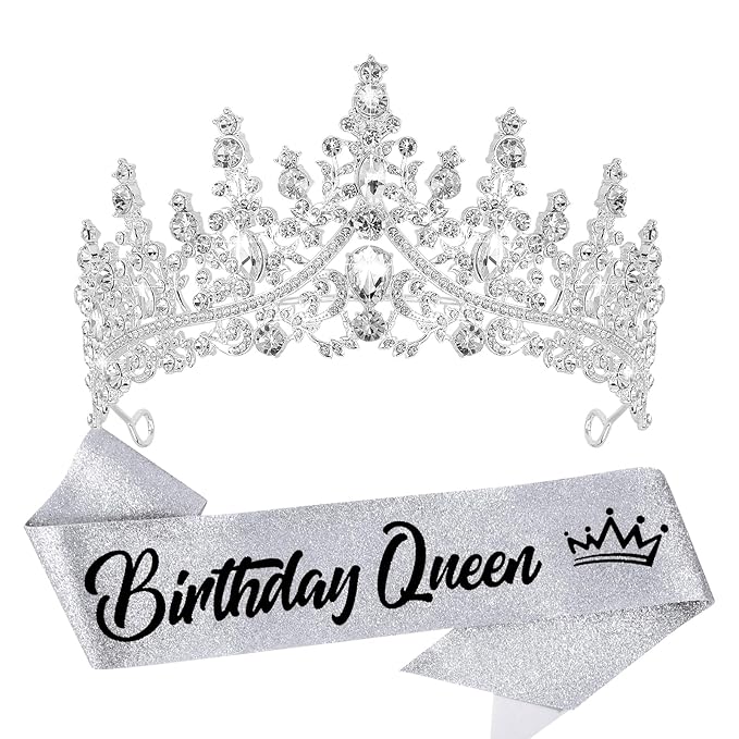 VELSCRUN Birthday Queen Tiara Crowns for Women Girls Silver Crystal Birthday Queen Headband Sash Elegant Princess Crown Happy Birth Party Decorations Mom Sisters Birth Gift Hair Accessories