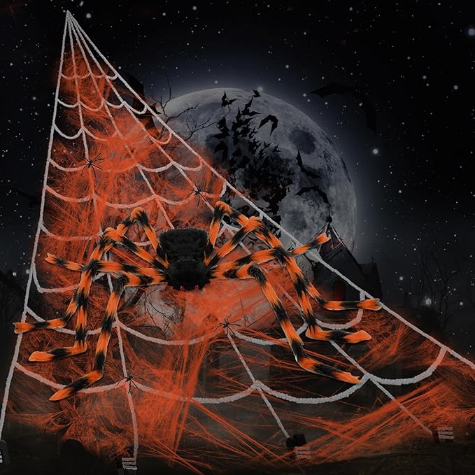 200" Halloween Spider Web + 59" Giant Spider Decorations, Triangular Huge Spiders Web and Hairy Scary Fake Spider, for Indoor Outdoor Porch Yard, Scary Haunted House Party, and Halloween Décor