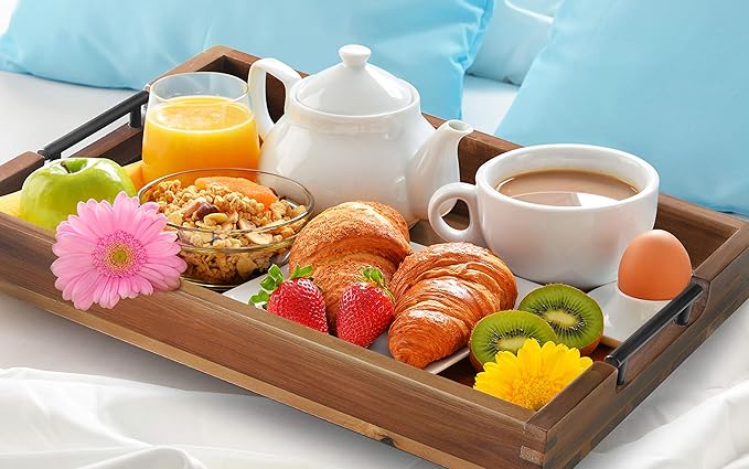 Ottoman Tray, Acacia Wood Serving Tray with Metal Handles, 16.5x12.5in Food Drinks Tray for Coffee Table, Breakfast, Dinner & Bar, Rustic Decorative Storage Tray for Ottoman, Kitchen, Packaging