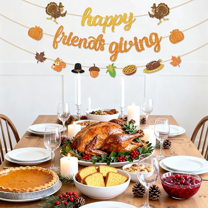 Happy Friendsgiving Banner Thanksgiving Party Decorations Glitter Friends Giving Garland Plastic Pre Strung Streamers Turkey Pumpkin Fall Leaves Sign for Home Decor Thank You Party Supplies