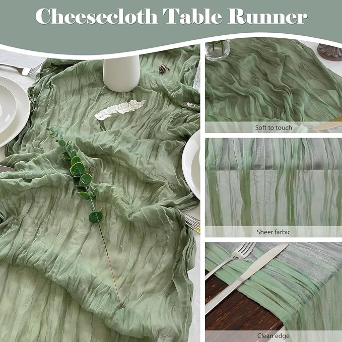 6 Pack 10 Ft Cheesecloth Table Runner Sage Green Gauze Long Table Runners Boho Gauze Cheese Cloth Table Runner Rustic Sheer Runner for Wedding Party Table Decor ( 35 x 120 Inch )