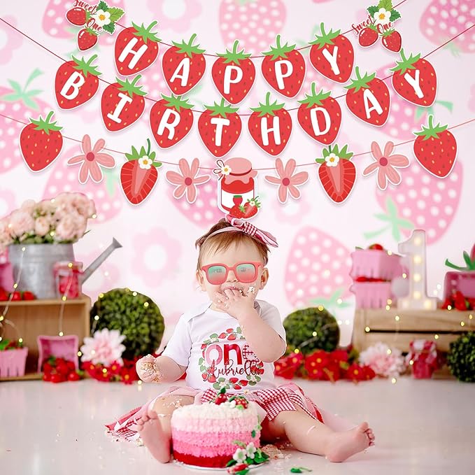 SUNBEAUTY Strawberry Happy Birthday Banner, Berry Sweet Red Fruit Party Hanging Banner, Strawberry Birthday Decorations for Girls 1st Birthday Baby Shower Party Decoration | Pre-Strung