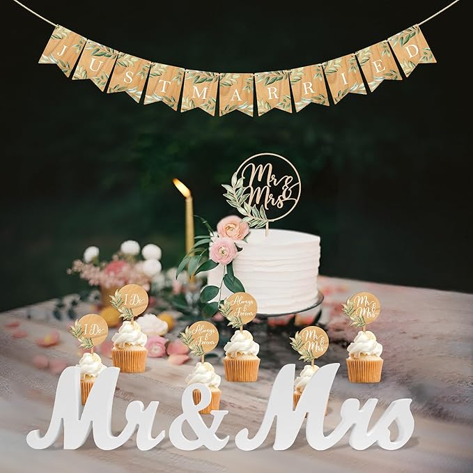 Mr & Mrs Cake Topper & Wedding Cupcake Toppers & Just Married Banner & Mr Mrs Table Sign Green Wedding Decorations in Wood